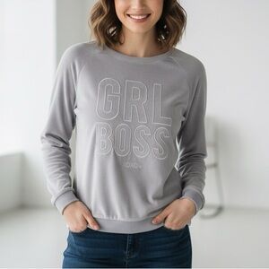 Xoxo Grl Boss Velvety Soft Pullover Sweater Purple Gray Embroidered Crewneck XL